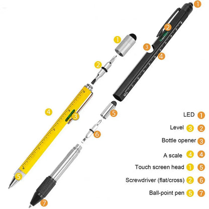 🖊️ طقم قلم 9 في 1 متعدد الوظائف (قطعتين) مزود بإضاءة LED، مفك، فتّاحة، مسطرة، ستايلس والمزيد مثالي كهدية للأب أو الجد أو عشاق الأدوات الذكية
